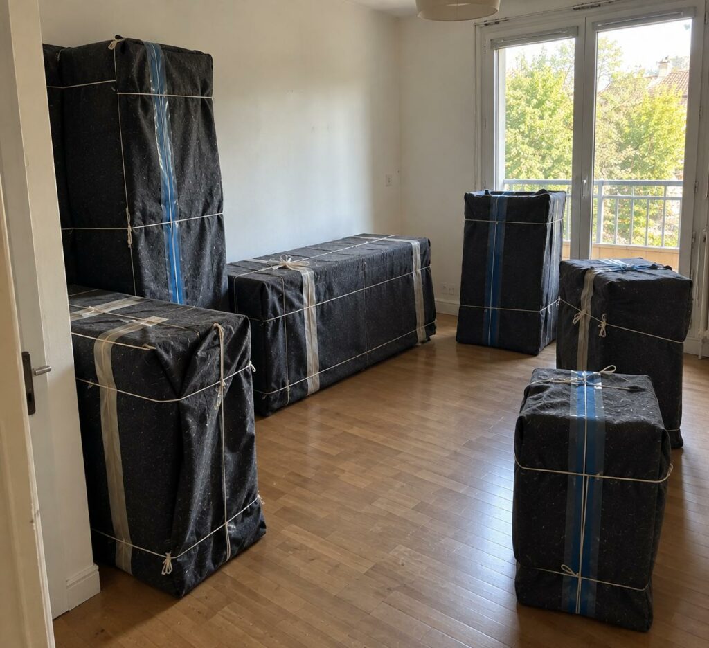 Chambre avec lits et armoires soigneusement emballés pour un déménagement OBR Transport