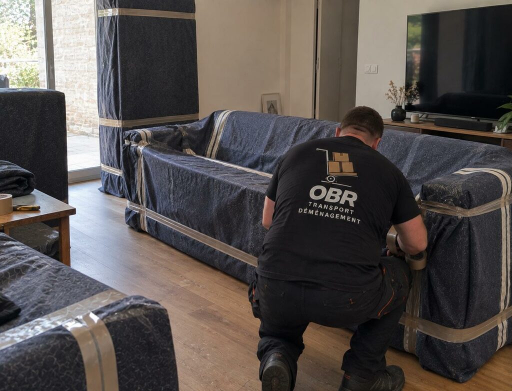 Déménageur OBR Transport emballant un canapé dans un salon moderne — formule Standard