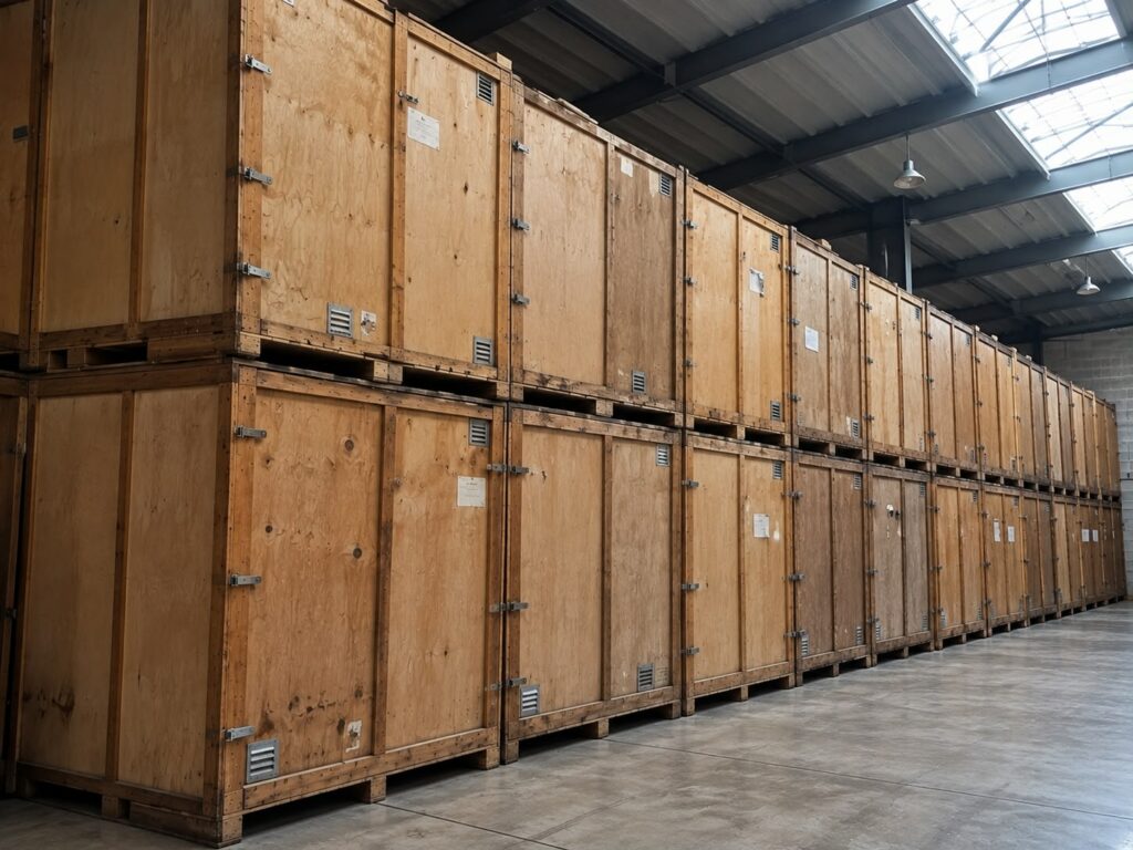 Entrepôt OBR Transport — conteneurs en bois étiquetés pour le stockage de meubles à Champagne-sur-Oise (95)