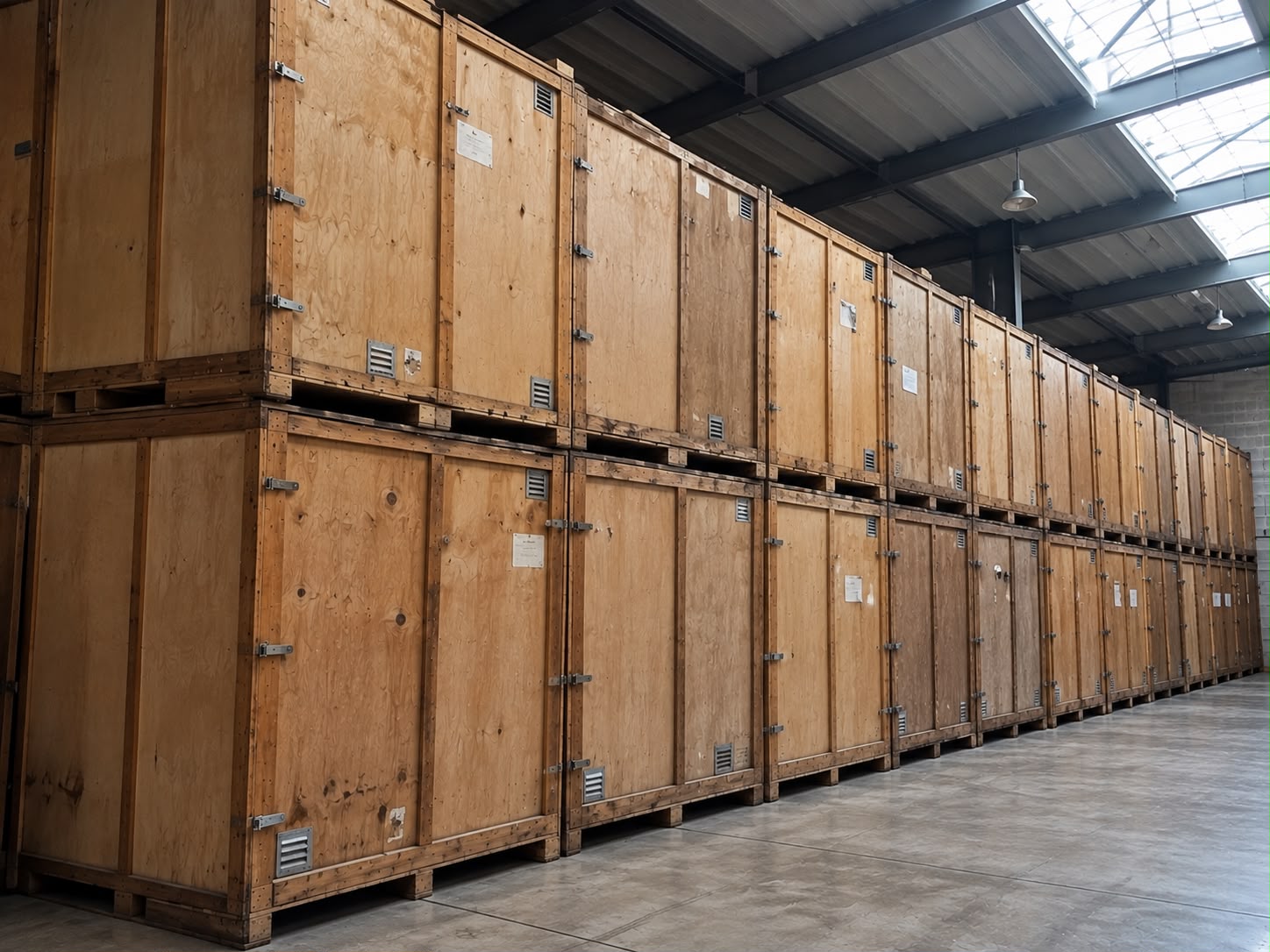 Entrepôt OBR Transport — conteneurs en bois étiquetés pour le stockage de meubles à Champagne-sur-Oise (95)